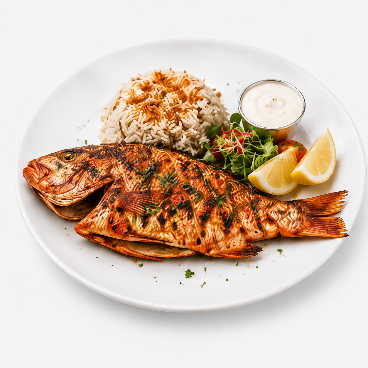 Whole red snapper prepared fresh and served with your choice of rice or fries and salad.